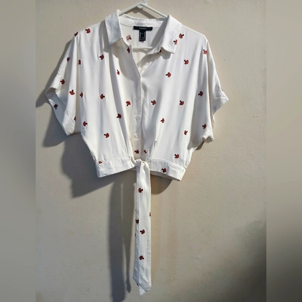 Forever 21 White Tie-Front Blouse with Red Mushroom Embroidery Sz M